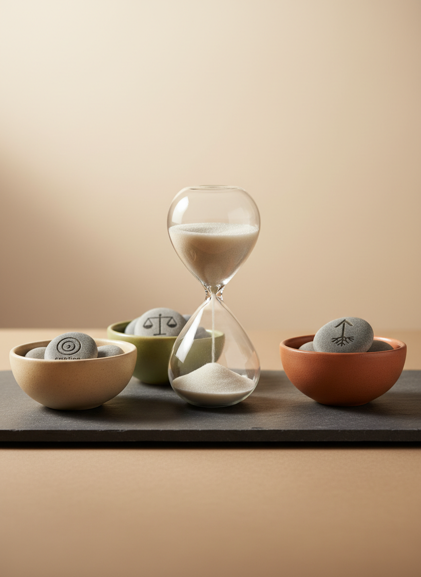 An elegant glass hourglass filled with fine, pale sand stands centered on a smooth, charcoal-gray stone slab. Around it, three small ceramic bowls in muted earth tones hold polished stones, each etched with a single minimalist symbol representing emotion, balance, and resilience. Soft overcast daylight from the left creates a restrained, even illumination, highlighting the gentle curve of the glass and faint reflections on its surface. The background fades into a soft-focus gradient of warm beige, enhancing depth without distraction. Shot at eye level with a medium depth of field, the composition feels contemplative and refined, visually expressing the slow, deliberate process of healing from anxiety and reconstructing one’s inner world in a modern, sophisticated aesthetic.
