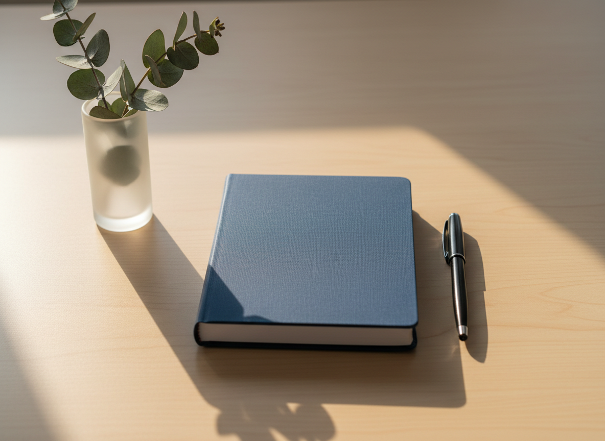 A sleek, closed journal with a soft matte midnight-blue cover rests on a pale wooden desk, a fine-point black pen aligned beside it with surgical precision. A single eucalyptus sprig in a frosted glass vase stands nearby, its muted green leaves slightly out of focus. Soft morning light filters through an unseen window, pooling gently across the surface and casting clean, elongated shadows. Captured at eye level with a shallow depth of field, the journal’s subtle texture and crisp edges are in sharp focus. The photographic realism and minimalist composition evoke quiet introspection, symbolizing the private space where thoughts on mental health, emotions, and anxiety are carefully explored and reconstructed.