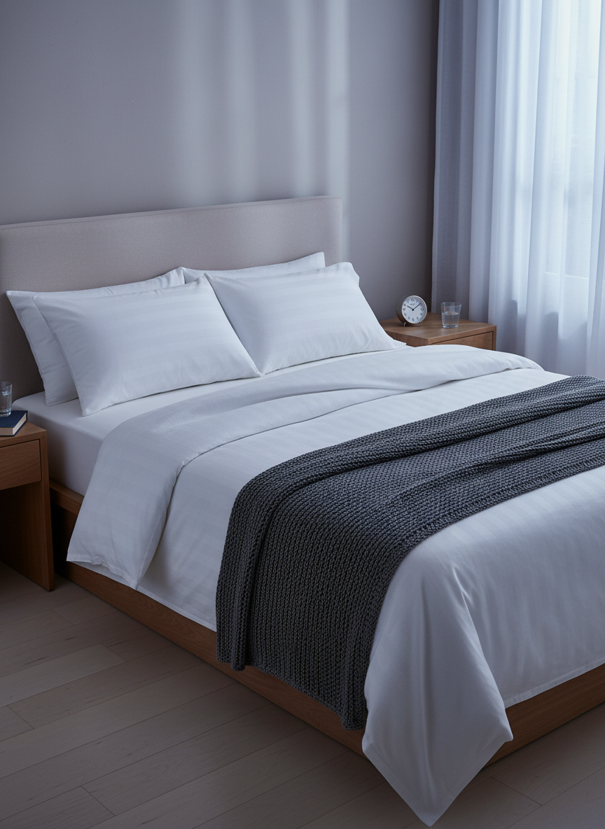 A neatly made bed with crisp white linen and a heavy, textured gray cotton blanket folded at the foot sits against a smooth, pale taupe wall. On the bedside table, a small analog alarm clock, a glass of water, and a closed hardcover book form a balanced arrangement. Soft, diffused evening light seeps through sheer curtains, bathing the room in a gentle, bluish glow that suggests approaching night. Photographed from a slightly elevated corner angle, the composition uses leading lines of the bed frame to draw the eye inward. The mood is serene and sophisticated, emphasizing restorative sleep as a foundation for mental health and emotional stability, rendered in clean, modern photographic realism.